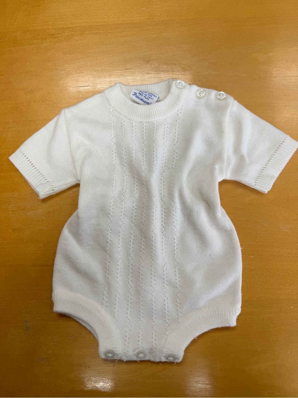 Classic White Knit Baby One-Piece Romper. vintage friemanit white baby outfit